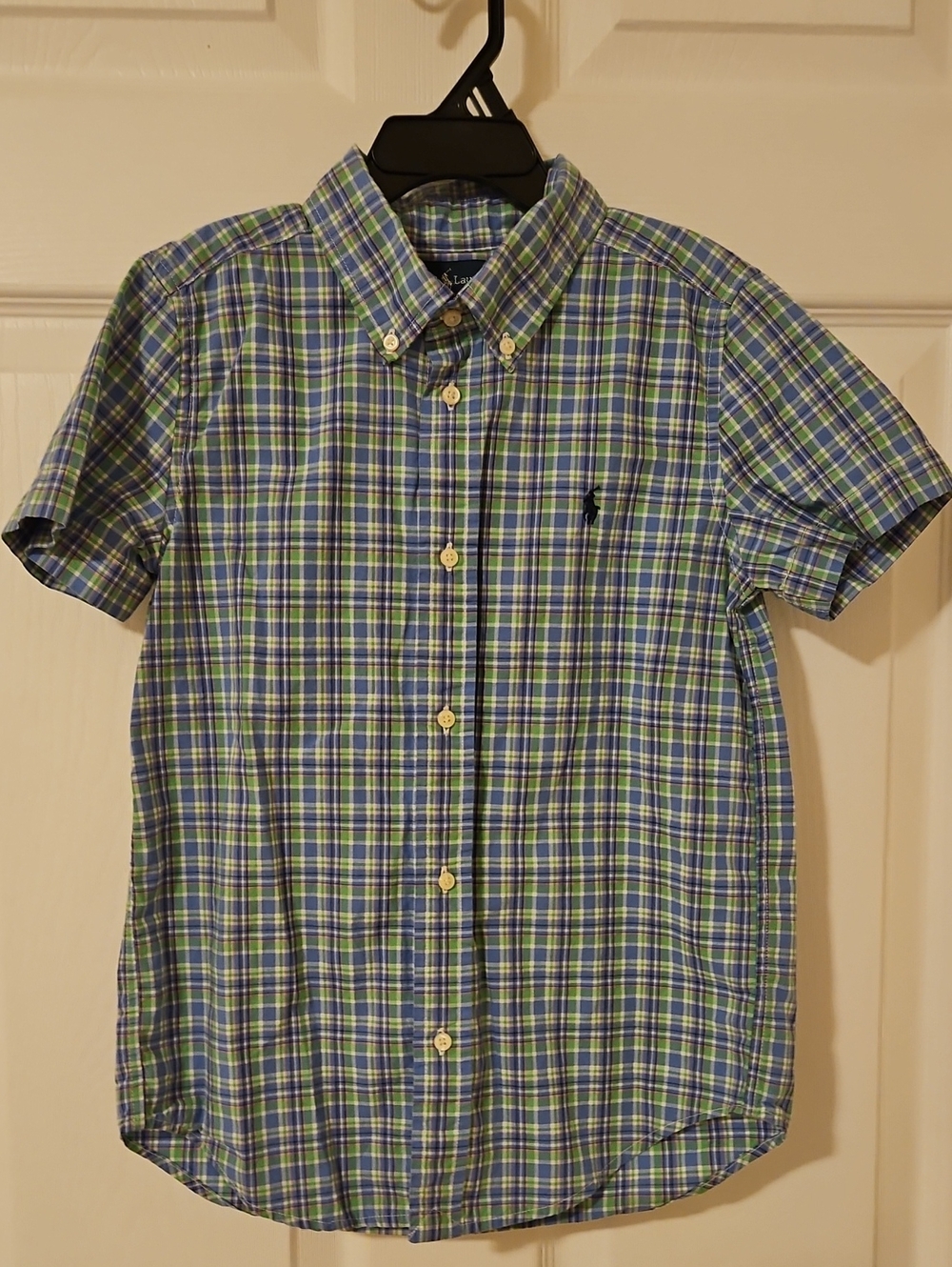 Ralph Lauren Boys Size 7 Plaid Short Sleeve Button Down Shirt Blue Green